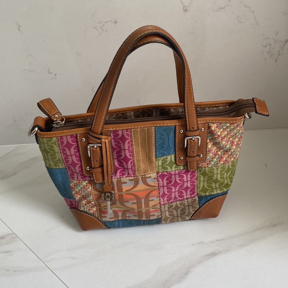 Vintage Fossil Multicolor Patchwork Leather Trim & Canvas Tote Bag/shoulder bag - Picture 3 of 16